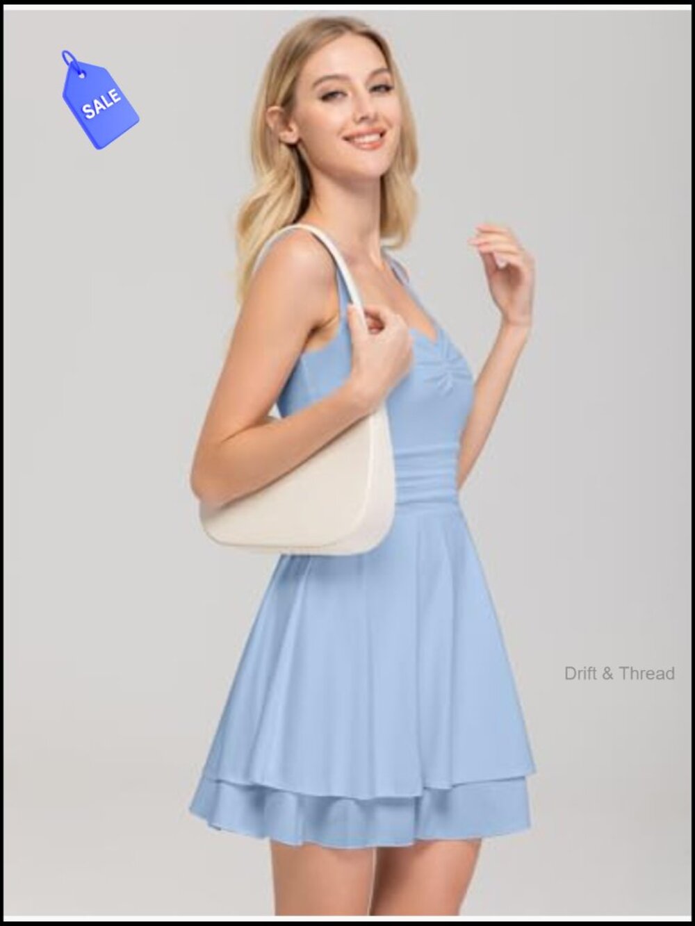 Sleeveless Square Neck A-Line Mini Dress with Ruched Waist and Ruffle Hem - Picture 3 of 7